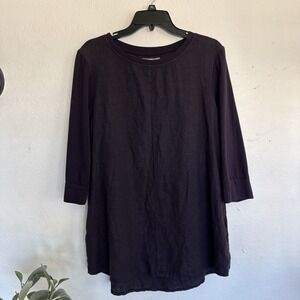FLAX Women Linen Tunic Top 3/4 Sleeve Side Pockets Dark Purple Size S